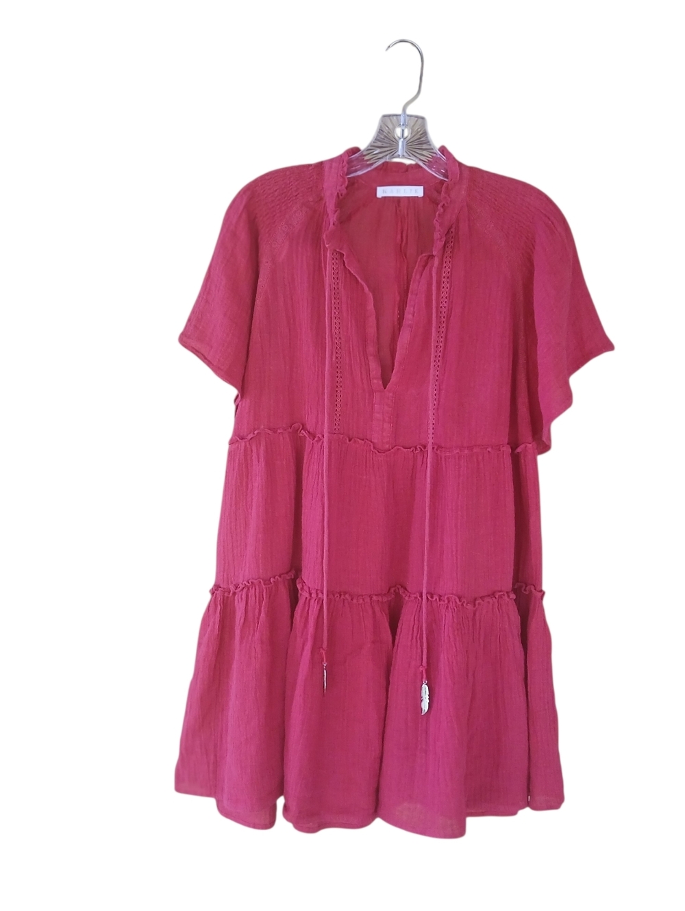 Karlie Red Flutter Sleeve Tiered Linen Cotton Mini Dress Medium - Picture 1 of 9